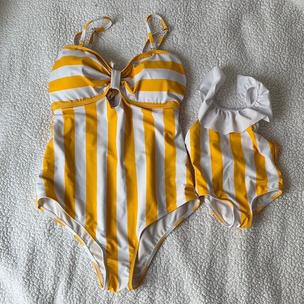 Mommy and Me Yellow and White Striped Swimsuit Set